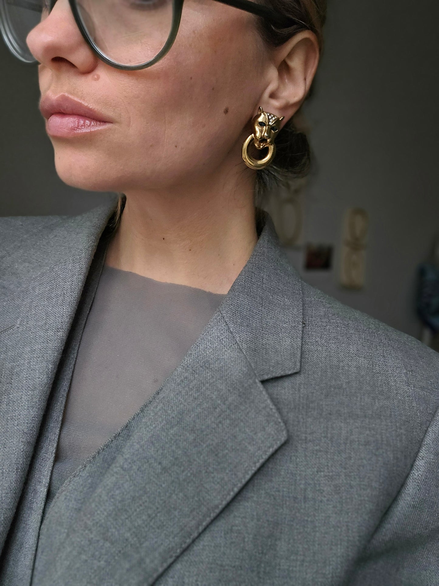 Vintažiniai aukso spalvos "door knob" stiliaus klipsai panteros