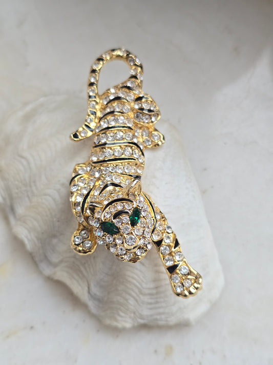 Vintažinė sagė tigras su stiklo kristalais