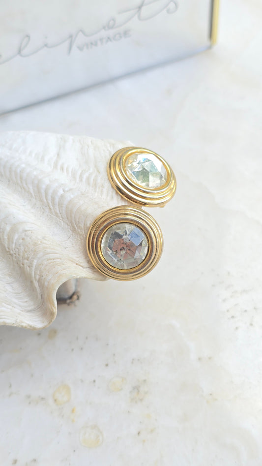 Vintage gold-colored clip-on earrings with glass crystals