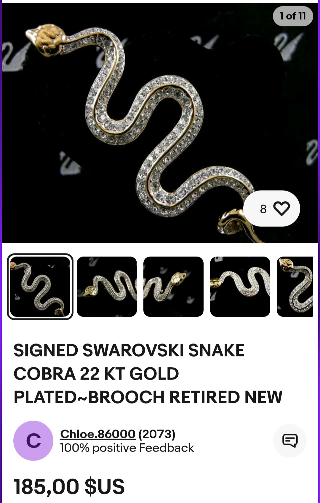 Paauksuota 22 auksu Swarovski Atelier sagė gyvatė