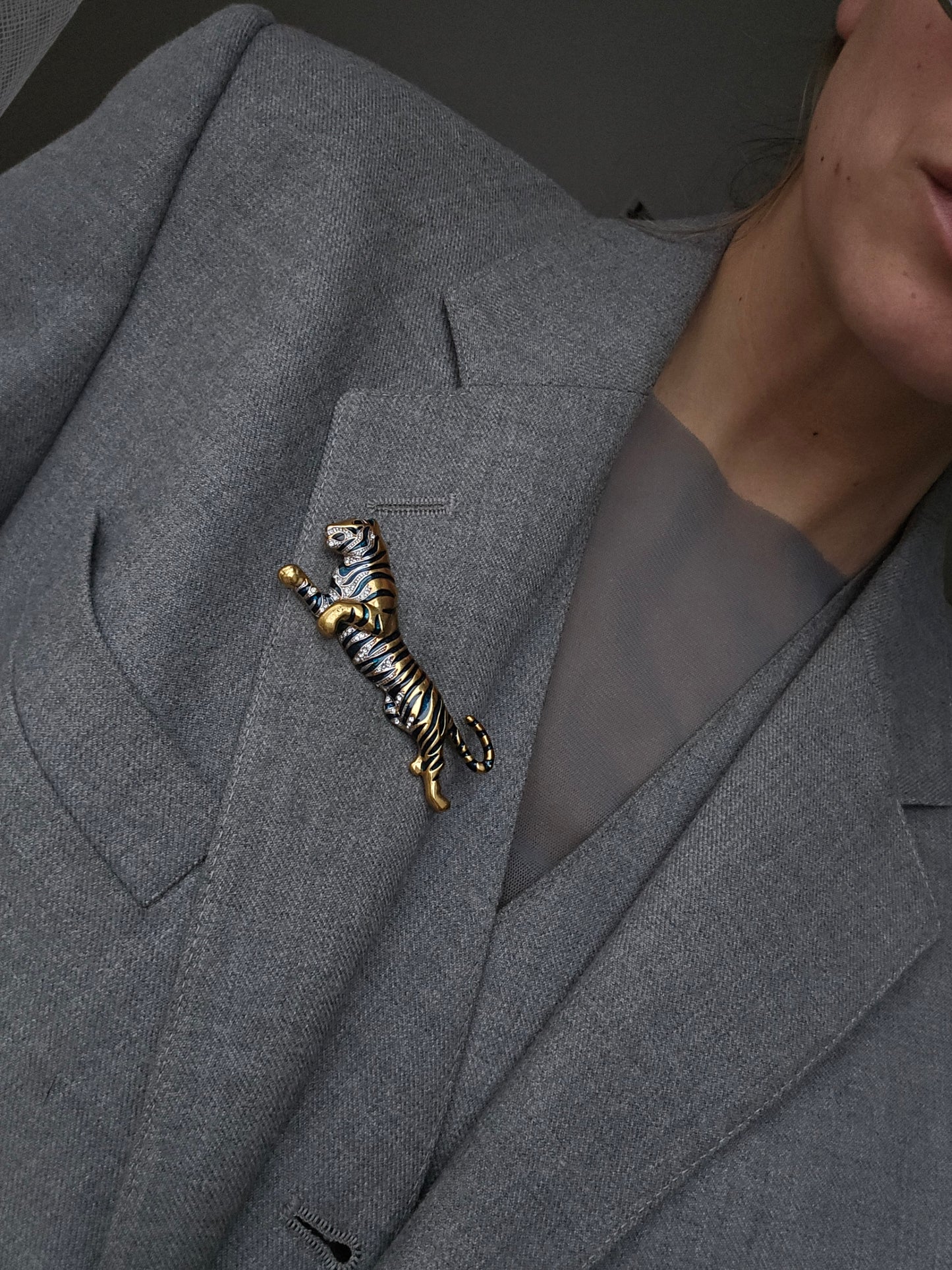 Vintažinė aukso spalvos sagė dengta emale tigras