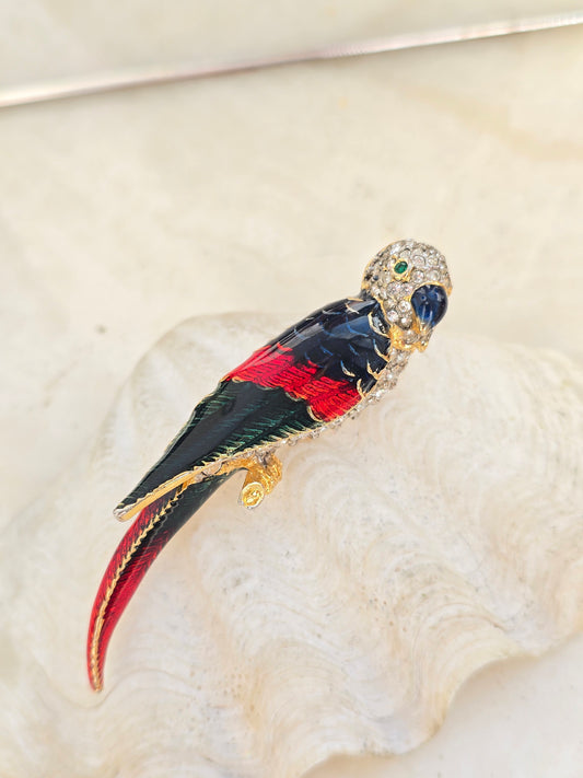 Vintažinė dengta emaliu sagė papūga