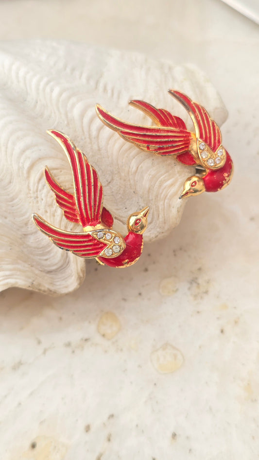 Vintage clip-on earrings red birds of paradise