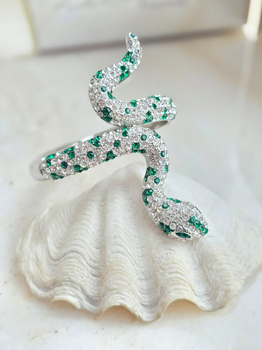 Sidabro spalvos masyvi apyrankė gyvatė su žėrinčiais stiklo kristalais